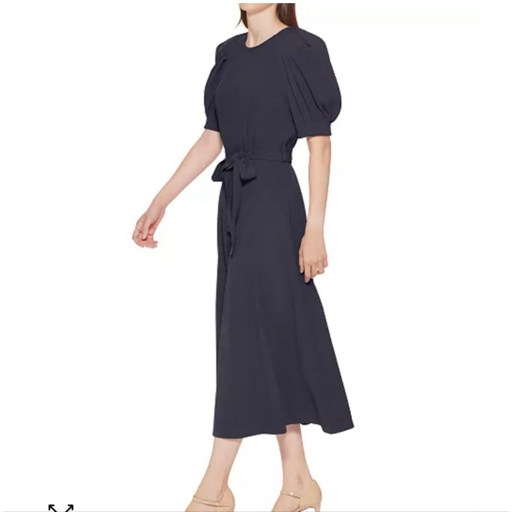 Calvin Klein Navy Puff Sleeve Belt Tie Waist Midi Dress Size 14W Altered Hem - Picture 3 of 10